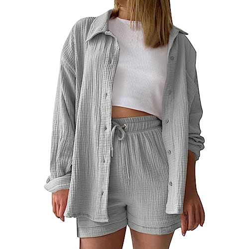 Zweiteiler Damen Sommer Musselin Bluse Hemd und Shorts Clothes Aesthetic Zweiteiler Loungewear damen set Baumwolle Strand Outfit Set Two Piece Set Women von Bastwahl