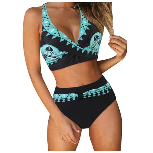 bikini damen set bauch weg,Bikini Damen Bauchweg Zweiteiliger V Ausschnitt - Badeanzug überkreuztes Blumenmuster Bademode Bauchkontrolle Bikini Oberteil + Bikinihose Sets von Bastwahl