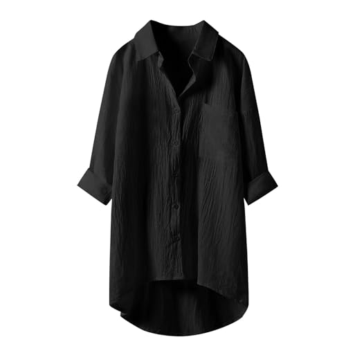 musselin bluse damen oversized,Leinen Shirt Musselin Hemd Bluse Longbluse Leinenbluse Damen - Elegant Tuniken Sommer Oberteile Kurzarm Longbluse Oversized Hemdbluse Lässig für Leggings Schwarz XL von Bastwahl
