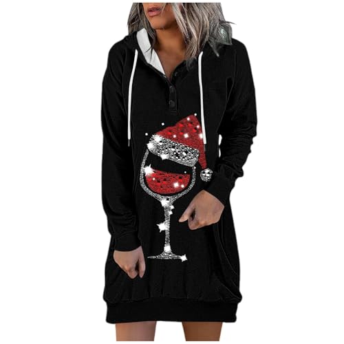 weihnachtskleid damen,Oversize Hoodie Lang Oodie Langarm Sweatshirts Mit Kapuze Und Taschen Streetwear Print Weihnachtspullover Minikleid Pullover Kapuzenkleid Kapuzenpullover Lang Kleid Sweatkleid von Bastwahl