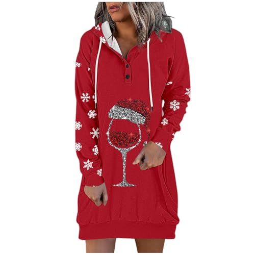 weihnachtskostüm damen,Oversize Hoodie Lang Oodie Langarm Sweatshirts Mit Kapuze Und Taschen Streetwear Print Weihnachtspullover Minikleid Pullover Kapuzenkleid Kapuzenpullover Kleid Sweatkleid von Bastwahl