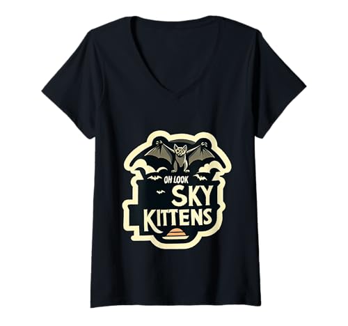 Damen Oh Look Sky Kittens Fledermausliebhaber Tierhumor |- T-Shirt mit V-Ausschnitt von Bat Animal Kids Bewunderung