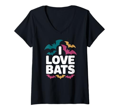 Damen I Love Bats Enthusiast Gothic Thema T-Shirt mit V-Ausschnitt Damen I Love Bats Enthusiast Gothic Thema T-Shirt mit V-Ausschnitt von Bat Enthusiast Expression Nature Lover