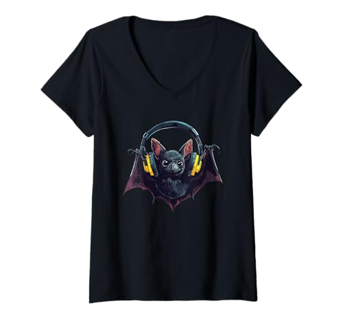 Damen Hübscher Schläger mit Kopfhörern bringt Nachtstimmung Outfit T-Shirt mit V-Ausschnitt von Bat Headphones