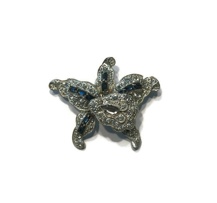 Art Deco Orchidee Trembler Brosche, Pave Strass Und Kunst Saphir 1930Er Blumen Modeschmuck von BatCityVintage