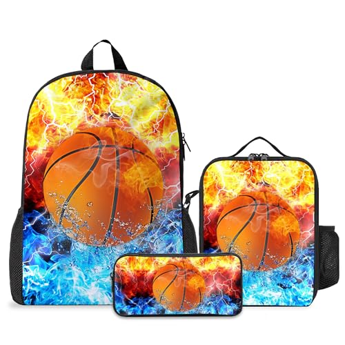 Rucksack mit Lunchbox, Federmäppchen-Set für Jungen und Mädchen, Büchertasche, Schultasche, Lunchtasche für Kinder, Mittelschule, Grundschule, Basketball, Feuer, 3-teilig von Batantec