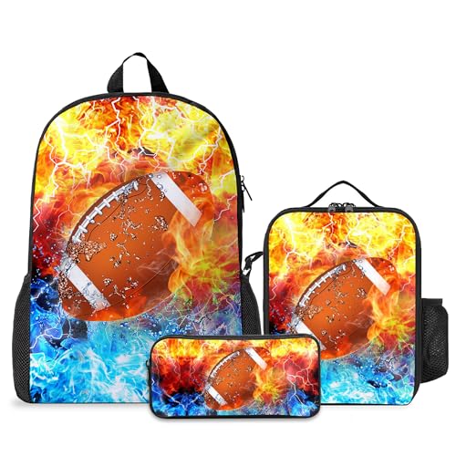 Rucksack mit Lunchbox, Federmäppchen-Set für Jungen und Mädchen, Büchertasche, Schultasche, Lunchtasche für Kinder, Mittelschule, Grundschule, Fußball-Feuer, 3-teilig von Batantec