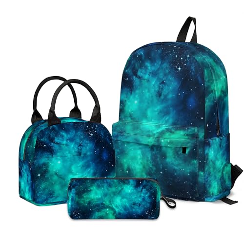 Schulrucksack-Set, Lunch-Taschen, Federmäppchen für Jungen, Mädchen, Kinder, trendiges Rucksäcke, 3-teiliges Set für Grundschule, Mittelschule (Galaxiegrün) von Batantec