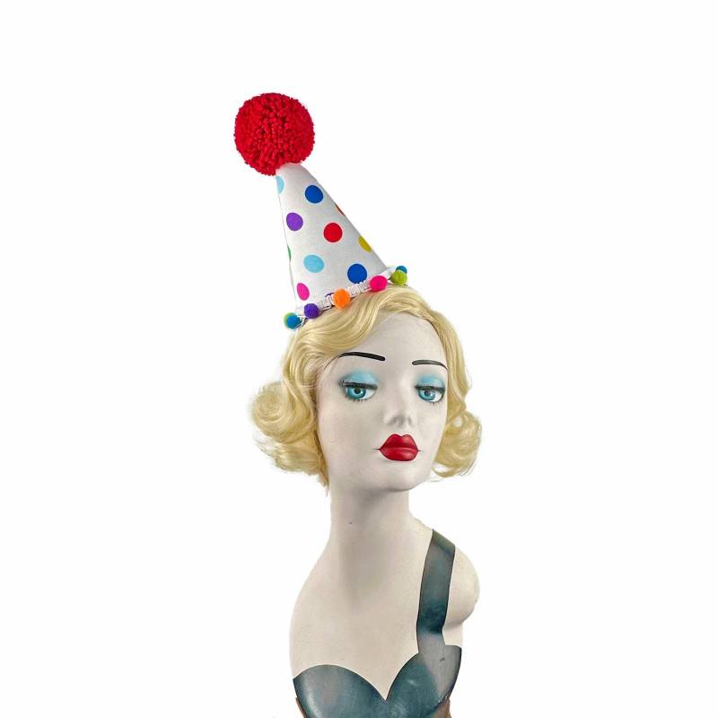 Weißer Bunter Polka Dot Clown Hut Mit Pom Poms, Halloween Kostüm, Zirkus Kopfbedeckung, Karneval Kopfbedeckung Weißer Bunter Polka Dot Clown Hut Mit Pom Poms, Halloween Kostüm, Zirkus Kopfbedeckung, Karneval Kopfbedeckung von BatcakesCouture