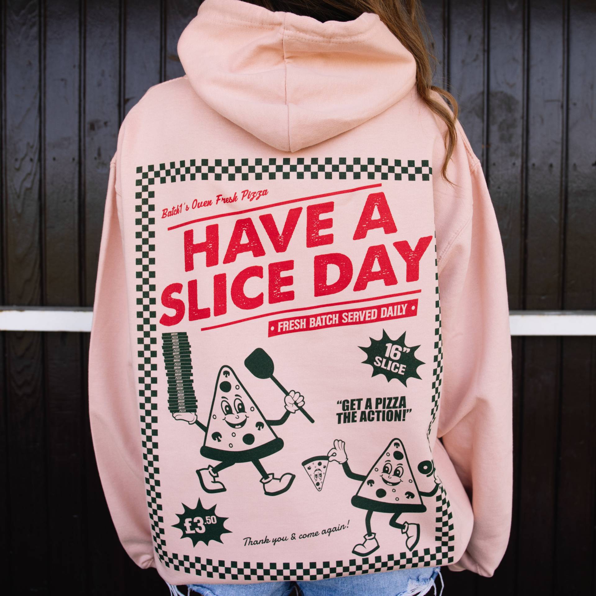 Have A Slice Day Damen Back Print Pizza Hoodie von Batch1UK