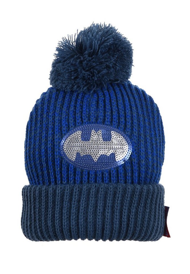 Batman Bommelmütze Spider-Man Strickmützte Winter-Mütze Bommel Logo aus Pailletten von Batman