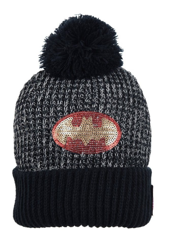 Batman Bommelmütze Spider-Man Strickmützte Winter-Mütze Bommel Logo aus Pailletten von Batman