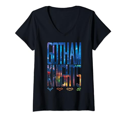 Damen Gotham Knights Knight Neon Logos T-Shirt mit V-Ausschnitt von Batman