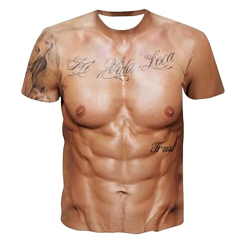 Batnott Herren T-Shirt 3D Muskel Print Khaki 2 L Sommer Casual 3D Druck T-Shirt Muskeln Bluse von Batnott