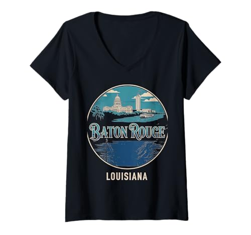 Damen Grafik für Städtereisen in Baton Rouge Louisiana T-Shirt mit V-Ausschnitt von Baton Rouge Louisiana Urban Explorer Apparel