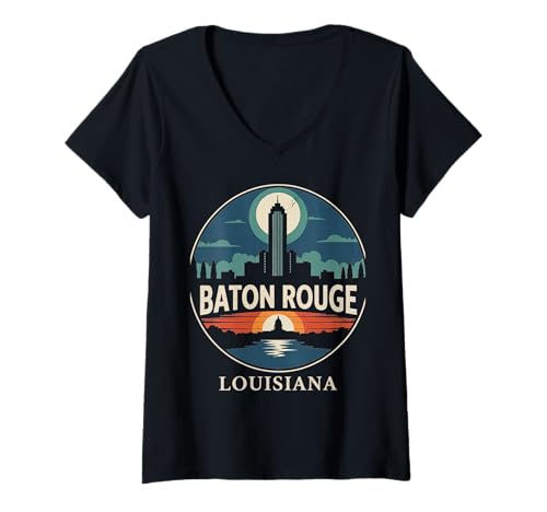 Damen Grafik für Städtereisen in Baton Rouge Louisiana T-Shirt mit V-Ausschnitt von Baton Rouge Louisiana Urban Explorer Apparel