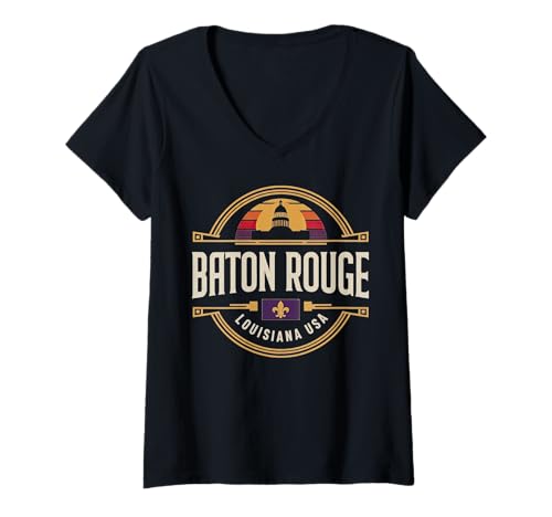 Damen Grafik für Städtereisen in Baton Rouge Louisiana T-Shirt mit V-Ausschnitt Damen Grafik für Städtereisen in Baton Rouge Louisiana T-Shirt mit V-Ausschnitt von Baton Rouge Louisiana Urban Explorer Apparel