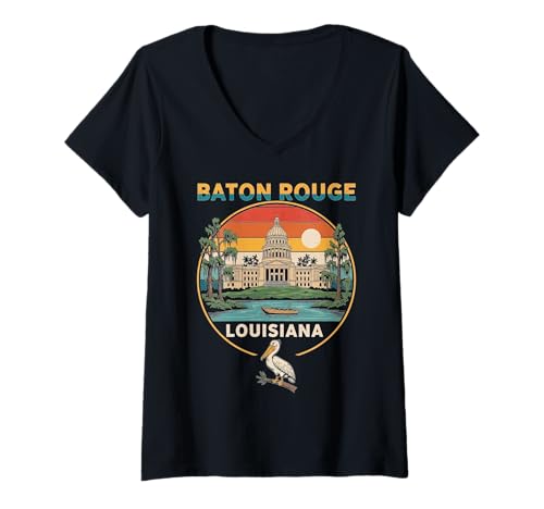 Damen Grafik für Städtereisen in Baton Rouge Louisiana T-Shirt mit V-Ausschnitt von Baton Rouge Louisiana Urban Explorer Apparel