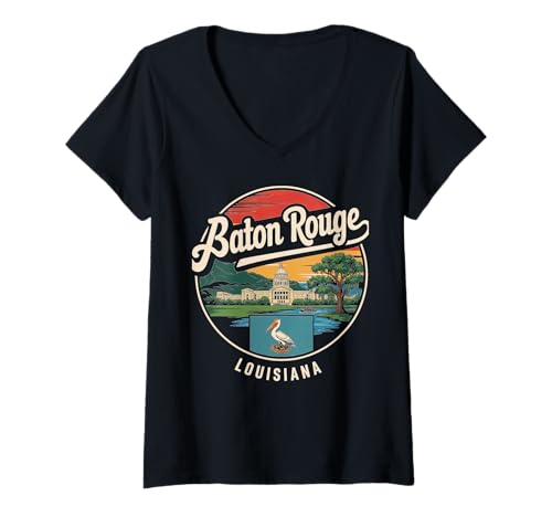 Damen Grafik für Städtereisen in Baton Rouge Louisiana T-Shirt mit V-Ausschnitt von Baton Rouge Louisiana Urban Explorer Apparel
