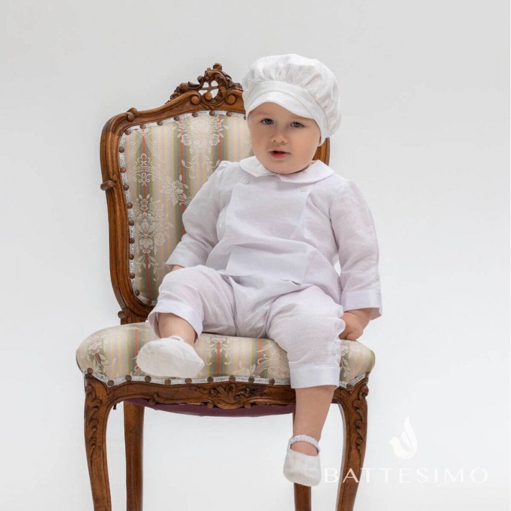 Jungen Weißes Leinen Tauf-Outfit Hut & Booties, Taufanzug Aus Reinem von BattesimoLove