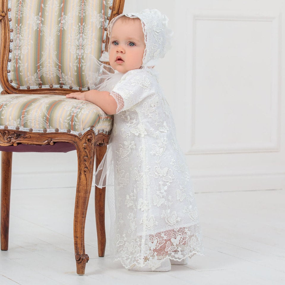 Spitze Taufkleid Baby Mädchen Blessing Dress Mit Häubchen & Schuhen von BattesimoLove