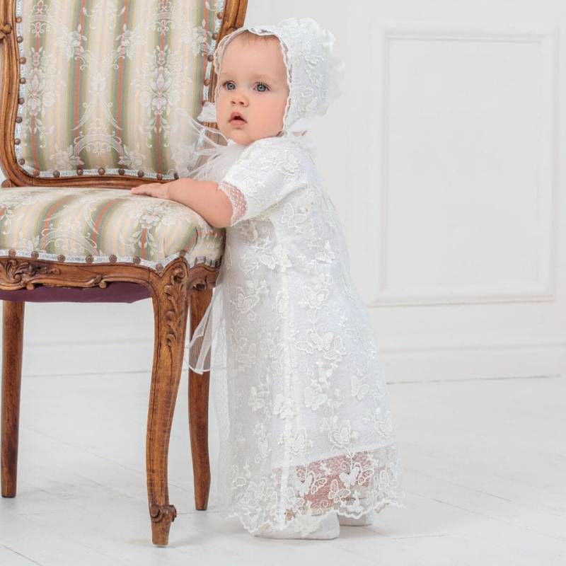 Spitze Taufkleid Baby Mädchen Blessing Dress Mit Häubchen & Schuhen von BattesimoLove