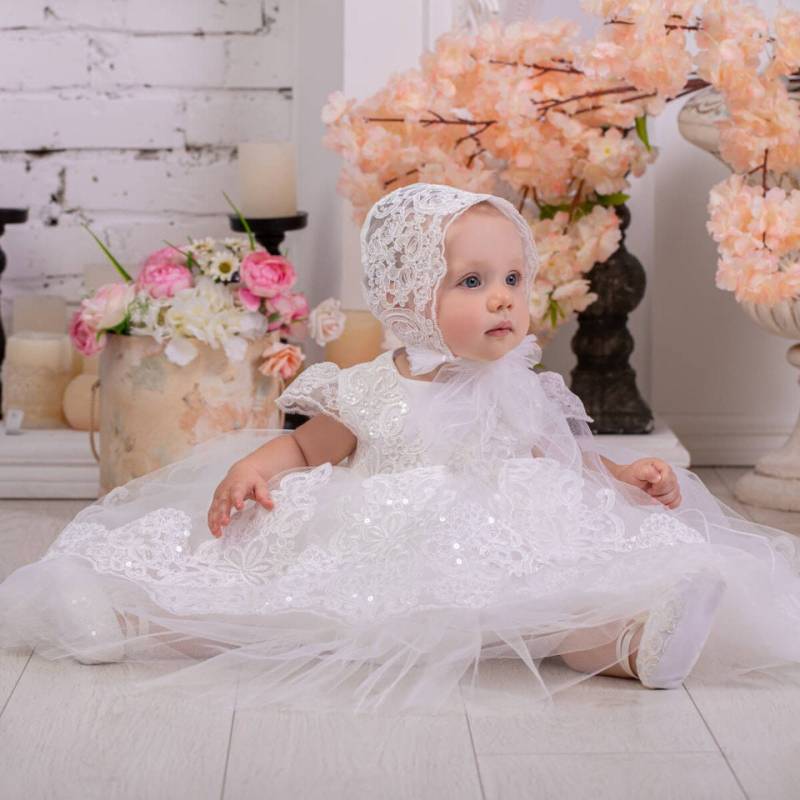Taufkleid Spitze Helles Elfenbein Baby Blessing Kleid von BattesimoLove
