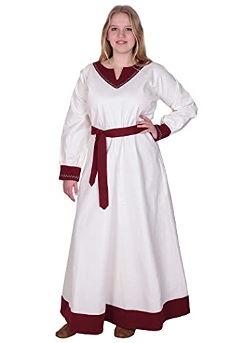 Battle-Merchant Langarm Mittelalter Kleid Jona mit Gürtel für Damen aus Baumwolle | LARP Wikingerkleid als Verkleidung und Kostüm (Natur/Weinrot, L) von Battle-Merchant