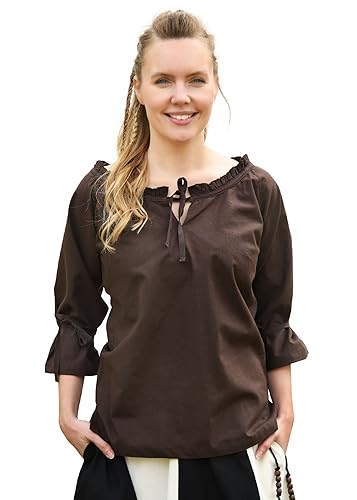 Battle-Merchant Mittelalter Bluse | LARP Bluse aus Baumwolle mit 3/4 Arm | Mittelalter Kleidung für Damen (XXL, Braun) von Battle-Merchant