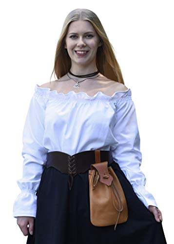 Battle-Merchant Mittelalter Langarm Carmenbluse aus Baumwolle für Damen | schulterfreie langärmlige Boho Bluse S-XXL | Halloween Karneval Kostüm (Weiß, L) von Battle-Merchant