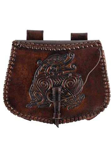 Battle-Merchant | Mittelalter Gürteltasche mit Drachen-Prägung aus Leder | Bauchtasche für Damen und Herren in Braun | Wikinger Reenactment Ledertasche für den Gürtel von Battle-Merchant