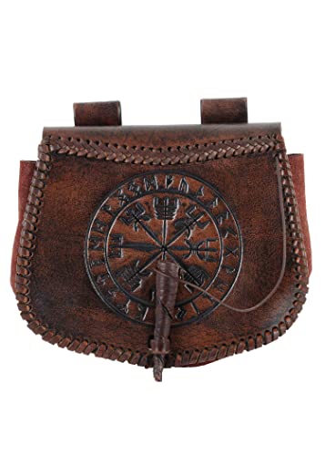 Battle-Merchant | Mittelalter Gürteltasche mit Vegvísir-Prägung aus Leder | Bauchtasche für Damen und Herren in Braun | Wikinger Reenactment Ledertasche für den Gürtel von Battle-Merchant
