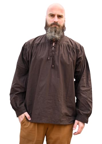 Battle-Merchant Mittelalter Hemd Ludwig Baumwolle | Herren weites Schnürhemd Stehkragen Langarm LARP Wikinger Kleidung Tracht (Braun, L) von Battle-Merchant