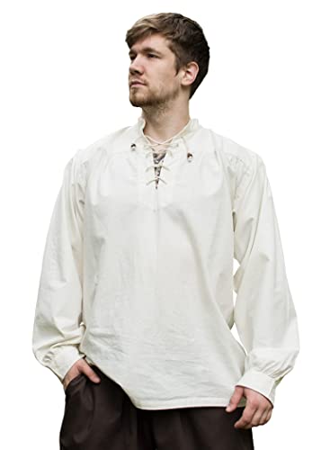 Battle-Merchant Mittelalter Hemd Ludwig Baumwolle | Herren weites Schnürhemd Stehkragen Langarm LARP Wikinger Kleidung Tracht (Natur, 3XL) von Battle-Merchant
