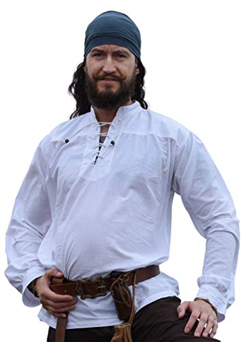 Battle-Merchant Mittelalter Hemd Ludwig Baumwolle | Herren weites Schnürhemd Stehkragen Langarm LARP Wikinger Kleidung Tracht (Weiß, XXL) von Battle-Merchant