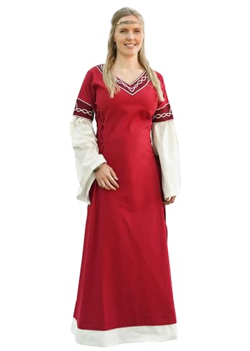 Battle-Merchant Mittelalter Kleid Alvina Baumwolle Damen - bodenlang - Wikinger - Kleid - Gewandung- faschingskostüm - langärmelig, rot/Natur, Gr. L von Battle-Merchant