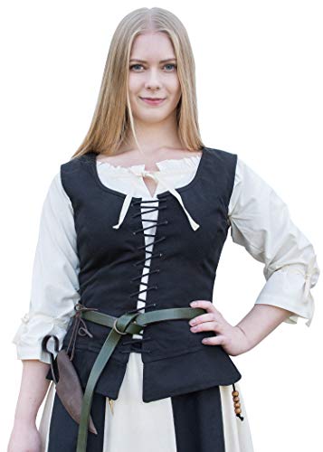 Battle-Merchant Mittelalter Korsage Tilda | Trachtenweste mit Breiten Trägern aus Baumwolle | Spätmittelalter LARP Gewandung als Kostüm oder Tracht | Schwarz oder Braun Größen S-XXL (Schwarz, XL) von Battle-Merchant