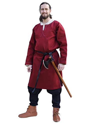 Battle-Merchant Mittelalter Tunika Albrecht mit Borte, langarm aus Baumwolle - Rot o. Blau - S - XXL - Wikinger LARP Kleidung Kostüm Hemd Herren (L, Weinrot) von Battle-Merchant