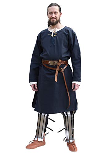 Battle-Merchant Mittelalter Tunika Albrecht mit Borte, langarm aus Baumwolle - Rot o. Blau - S - XXL - Wikinger LARP Kleidung Kostüm Hemd Herren (M, Dunkelblau) von Battle-Merchant