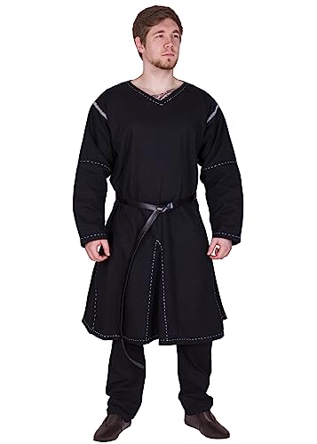 Battle-Merchant | Mittelalter Tunika Askur | LARP Wikinger Kleidung aus Baumwolle für Herren (Schwarz, XXL) von Battle-Merchant