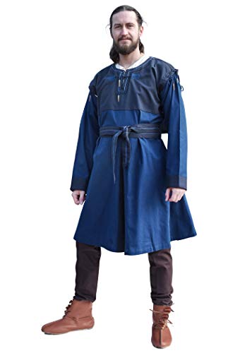 Battle-Merchant Mittelalter Tunika Bent mit abnehmbaren Ärmeln - Mittelalterkleidung - Wikinger - LARP - Hemd - Kostüm - Baumwolle - Braun - Blau - Schwarz (XL, Blau/Dunkelbau) von Battle-Merchant