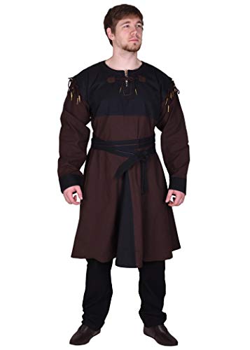 Battle-Merchant Mittelalter Tunika Bent mit abnehmbaren Ärmeln - Mittelalterkleidung - Wikinger - LARP - Hemd - Kostüm - Baumwolle - Braun - Blau - Schwarz (XL, Braun/Schwarz) von Battle-Merchant