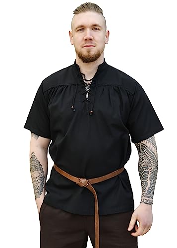 Battle-Merchant | Mittelalterliches Kurzarm-Hemd für Herren | Wikingerhemd für Männer | Spätmittelalterliche Gewandung |Mittelalter, LARP, Wikinger, Pirat (XL, Schwarz) von Battle-Merchant