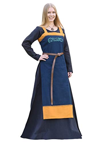 Battle-Merchant Wikinger Trägerkleid Hilja mit Stickerei | mittelalterliches Schürzenkleid für Damen | LARP Gewandung aus Baumwolle | Größen S-XXL blau/senfgelb oder rot/Petrol (blau, S) von Battle-Merchant