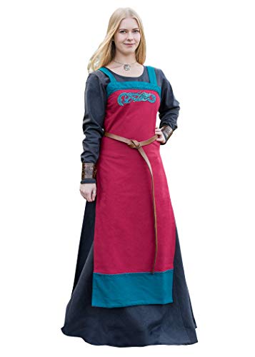 Battle-Merchant Wikinger Trägerkleid Hilja mit Stickerei | mittelalterliches Schürzenkleid für Damen | LARP Gewandung aus Baumwolle | Größen S-XXL blau/senfgelb oder rot/Petrol (rot, S) von Battle-Merchant