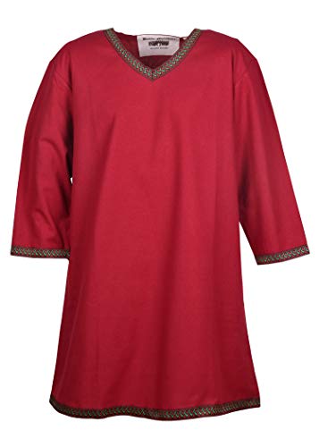Battle-Merchant – Langarm Wikinger Tunika mit Bordüre für Herren aus Baumwolle – Mittelalter, LARP (XXL, Rot) von Battle-Merchant