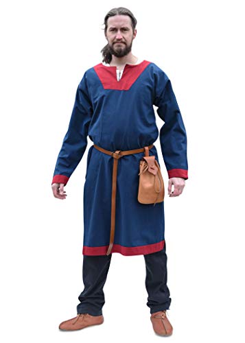 Battle-Merchant Wikinger Tunika Vallentin Langarm für Herren Baumwolle | Mittelalter LARP Vikings mittelalterliches Kostüm (Blau/Rot/XXL) von Battle-Merchant