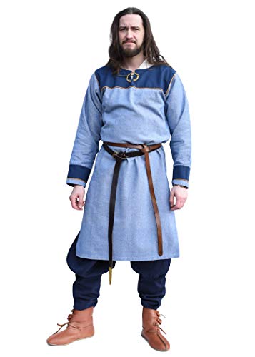 Battle-Merchant Wikinger Tunika Ove | Baumwoll Tunika mit Fischgrätmuster | Mittelalter Wikinger Hemd für LARP (Blau/XL) von Battle-Merchant