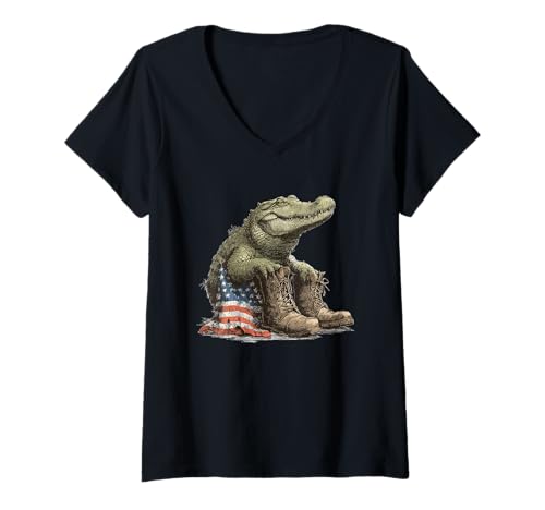 Damen Patriotischer Alligator mit Kampfstiefeln T-Shirt mit V-Ausschnitt von Battlefield Alligator Outfit