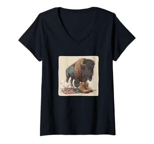 Damen American Bison im Military Look für Bisons Lovers T-Shirt mit V-Ausschnitt Damen American Bison im Military Look für Bisons Lovers T-Shirt mit V-Ausschnitt von Battlefield Bison Outfit